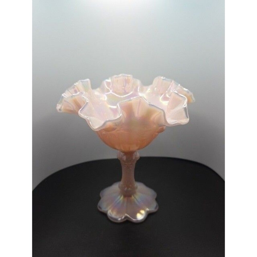 Vintage Fenton Pink Iridescent Opal Cabbage Rose Ruffled Pedestal Compote Candy